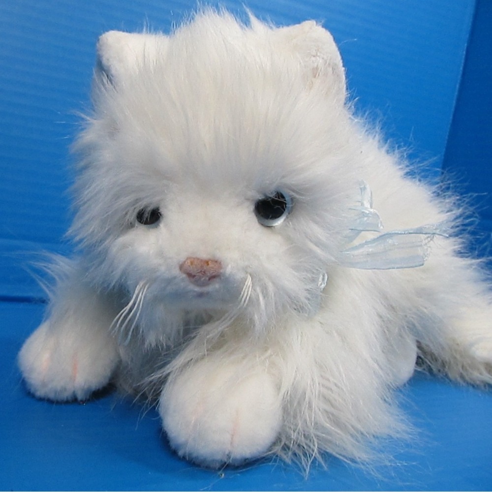 TY Persian White Long Hair Sugar Cat Plush Stuffed Animal Blue Bow 2002 13"